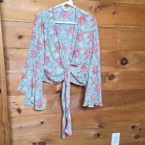 Boho 100% Silk Wrap Top Pink Floral